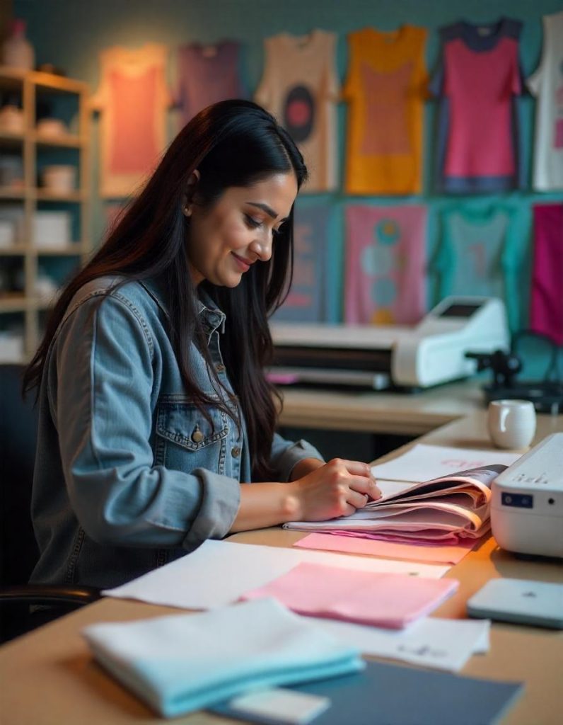 "Designer using a heat press for sublimation printing on polyester fabric."