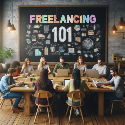 "A realistic image showing the text 'Freelancing Courses' in bold. The background features elements representing freelance work, such as a laptop, coffee cup, and notepad, set in a cozy home office environment, illustrating the flexibility and independence of freelance careers."