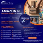 "Micro Tech Amazon PL FBA Private Label course advertisement showing hands packing an Amazon box with a laptop, 3-month e-commerce training covering product hunting, PPC campaigns, and FBA logistics"