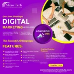 "Micro Tech Digital Marketing course advertisement showing team collaborating with laptops and smartphones, 2-month course with AI tools, covering social media marketing, Google Ads, SEO, and practical campaign training"