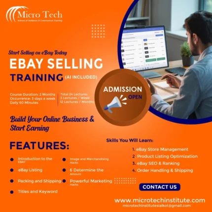 "Micro Tech eBay Selling Training course advertisement showing person working on laptop with eBay interface, 2-month course with AI tools covering listing optimization, SEO, store management, and shipping training"