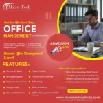 "Micro Tech Office Management course advertisement featuring professional man working at office desk with laptop, 2-month course with AI tools, covering MS Office, typing, email, and office management skills training"