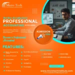 "Micro Tech Professional Accounting course advertisement featuring an accountant at a desk with financial charts on a monitor, 2-month course with AI tools covering Tally, QuickBooks, Peachtree, and basic accounting concepts"