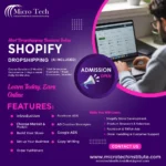 "Micro Tech Shopify Dropshipping course advertisement showing a person working on a laptop with the Shopify dashboard, 2-month course with AI tools covering store building, Facebook & Google ads, and product research"