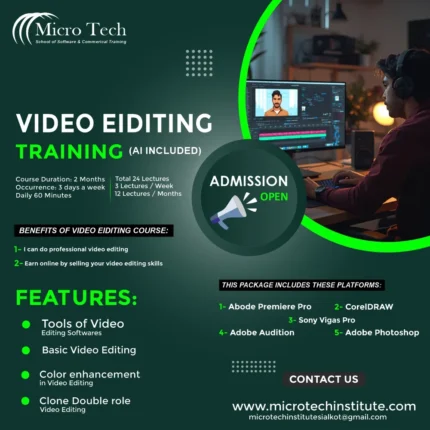 "Micro Tech Video Editing Training course advertisement showing editor working on computer with video editing software, 2-month course with AI tools, covering Adobe Premiere Pro, Photoshop, and more"