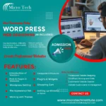 "Micro Tech WordPress Web Designing course advertisement showing person working on dual monitors with WordPress websites, 2-month freelancing course with AI tools, covering themes, plugins, e-commerce, and website development"